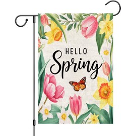 zeevly Hello Spring Floral Garden Flag 12x18 Inch Double Sided Tulip Daffodil Butterfly Small Burlap Yard Flag for Outside