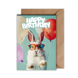 Funny Birthday Card with Rabbit & Sunglasses - "Happy Birthday" Folding Card with Balloons - DIN A6 Greeting Card with Envelope - Funny Animal Card for Children & Adults