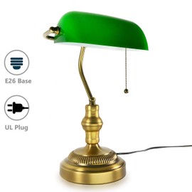 ASOKO Traditional Bankers Lamp, Brass Base, Handmade Emerald Green Glass Shade,Vintage Office Table Light, Antique Style Desk Lamps for Office, Library, Study Room (Brass)(No Bulbs Included)