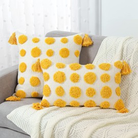 MingBo Boho Yellow Throw Pillow Cover 18x18 Inch, Pom Pom and Tassels Tufted Decorative Cushion Case Pillow Covers for Couch, 1 PC