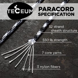 TECEUM Paracord Type III 550 Urban Camo – 50 ft – 4mm – Tactical Rope MIL-SPEC – Outdoor para Cord – Camping Hiking Fishing Gear – EDC Parachute Cord –Strong Survival Rope 1607m