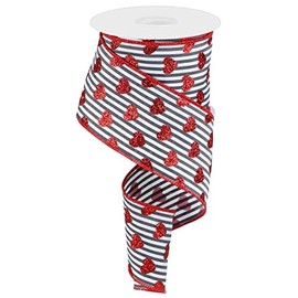 Cinta de borde con alambre con corazones y rayas, 2.5 pulgadas, negro, rojo, blanco