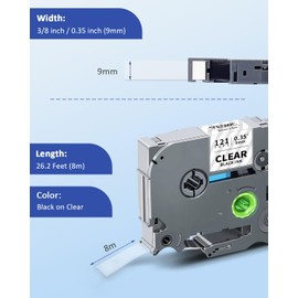 TZ Tape Tz-121 9mm 0.35 Laminated Clear Tape Compatible for Brother P-Touch TZe-121 3/8 Inch Refill Work with Brother Label Maker Tape PT-D210 PT-D220 PT-H110 PT-1890 PT-D600 PT-D410, 4-Pack