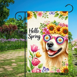 BlissYard Hello Spring Garden Flag 12x18 inch Double Sided Flower Crown Golden Retriever Dog Yard Flags Colorful Flowers Spring Outdoor Decor for Garden Patio Yard