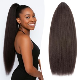 S-noilite Long Drawstring Ponytail Thick Kinky Yaki Straight Pony Tail Hairpieces 24 inch Synthetic Clip in Hair Extension for Black Women Girl Daily Use - Dark Brown