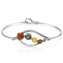 PEORA Genuine Baltic Amber 5-Stone Open Leaf Bangle Bracelet for Women 925 Sterling Silver, Rich Cognac, Olive Green and Honey Yellow Colors, 7 1/2 inch length, Real Baltic Amber Bracelet for Adults