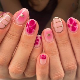 BABALAL Press on Nails Short Oval Fake Nails Pink Blush Glue on Nails Star & Floral Acrylic Nails Y2k Coquette False Nails Ballerina Glossy DIY Stick on Nail Supplies 24Pcs Round Nails DIY Nail Art