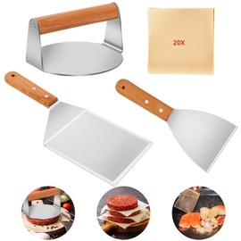 Smash Burger Set, 5.5 Zoll Smashed Burger Presse, Grillspachtel Edelstahl, Grillzubehör, mit 20 STK Burger Papier, für Outdoor Indoor Hamburger Teppanyaki Steaks Grill