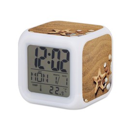 Fabulous Alarm Clock Cube Illuminated White - Shell Starfish Sand Beach Sea Holiday - 7.8 x 7.8 x 7.8 cm - Retro Lighting Multicoloured LED