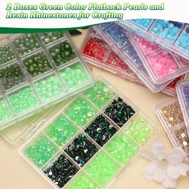 2 Boxes Green Flatback Pearls and Resin Rhinestones for Crafting, 3-6 mm Jelly Rhinestones, Mixed Size Half Pearl Bedazzling Gems for Nail DIY Crafts Mugs Bottles Tumblers Clothes Makeup