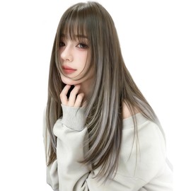 Peacoco Wig, Medium, Straight, Semi-Long, Natural, Full Wig, Layered, Women's, Hairpiece, Small Face, Cute, Bangs, Includes Net, Black Brown & White Brown Gray