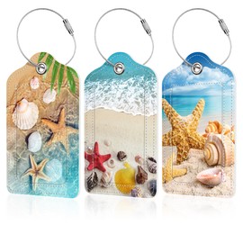 Beach Shell Starfish Luggage Tags Set of 3 PU Leather Suitcase Tags with Stainless Steel Loop and Privacy Cover for Travel Bag Handbag Suitcase