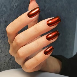 Mirror Metal Orange Red Press on Nails Medium Short Square Chrome Glazed Short Gel Nails Press ons Shiny Plating Nails Acrylic Nails Reusable Thick Fake Nails for Women Glue on Nails Medium Length