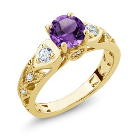 Gem Stone King 18K Yellow Gold Plated Silver Round 6MM Gemstone Birthstone Engagement Ring | Wedding Anniversary Promise Ring For Women | Available In Size 5, 6, 7, 8, 9