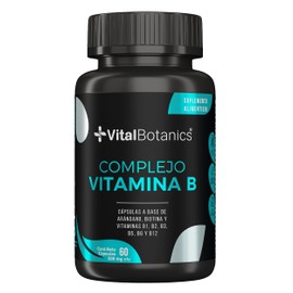 Complejo B con Vitaminas B1, B2, B3, B5, B6, B12, Biotina y Arándano. Con 60 capsulas de 500mg (2 Meses). VitalBotanics. Suplemento Multivitamínico con Vitaminas. Libre de Gluten y Aditivos.