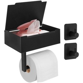 JiangLin Edelstahl Toilettenpapierhalter Ohne Bohren, Klopapierhalterr Schwarz mit Feuchttücherbox, Selbstklebend WC Papier Halterung mit 2 Klebehaken Wandmontage klorollenhalter Für Badezimmer