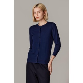 JENNIE LIU Women's 100% Merino Wool Crewneck Cardigan Sweater | Ultra Soft Machine-Washable Fine Gauge Sweaters for Women | All-Season Versatile Layering Staple (Navy, Medium)
