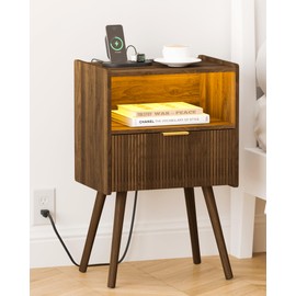 Leomonio Nightstand, Modern Bedside Table with Charging Station and LED Lights, Night Stand with Storage Drawer and Solid Wood Legs