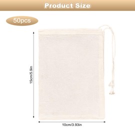 50Pcs Pure Cotton Mesh Bags, 15×10cm Drawstring Reusable Cotton Muslin Bags