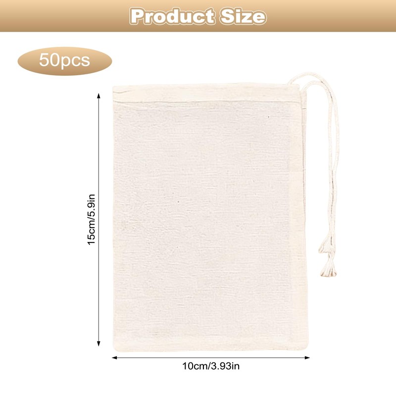 50Pcs Pure Cotton Mesh Bags, 15×10cm Drawstring Reusable Cotton Muslin