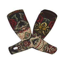 ANSGSD Tattoo Skull Rose Gardening Sleeves With Thumb Hole For Women Men, Farm Sun Protection Thorn Proof Cooling Arm Sleeves To Cover Arms For Garden Sports