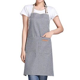 Adjustable Bib Apron with 2 Pockets Cooking Kitchen Cotton Aprons for Women Men Chef Restaurant BBQ Painting Crafting , Long Ties Neck Strap (Khaki Stripes)