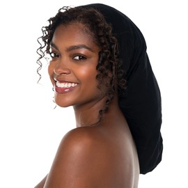 ADAMA Satin Lined Jersey Beanie - Extra Long for Extra Voluminous Hair, Ultra Soft, Fashionable Hipster Chic, Satin Lining Prevents Breakage and Tangling, Day and Night Hair Defense, Black, X-Large