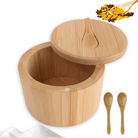 BOJVESH Salt Box, Swivel Lid Container with Magnetic Swivel Lid and 3 Small Wooden Spoon, Salt Spice Storage Box for Kitchen Seasonings, Spices, Herbs, Pepper or Small Items (1-Compartment)