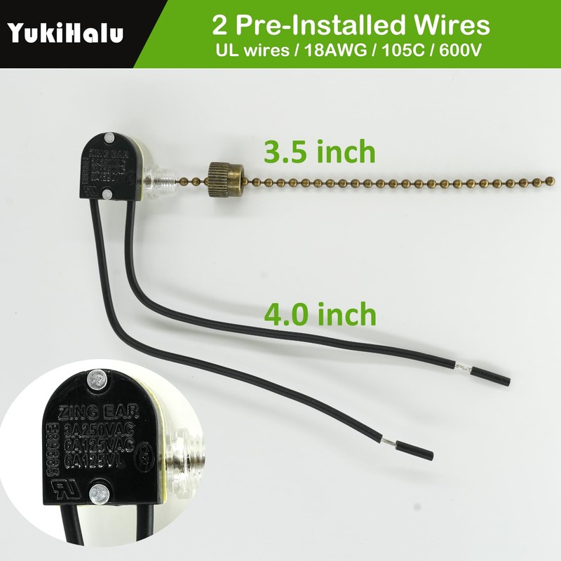 YukiHalu Ceiling Fan Pull Chain Switch ZE-109, 2 Wires On-Off