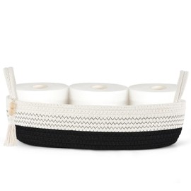 Mkono Small Storage Basket for Toilet Tank Top Boho Bathroom Decor Woven Rope Toilet Paper Tray Organizer for Shelf Bedroom Living Room, Black and White, 1 Pack, 15.7"L x 6"W