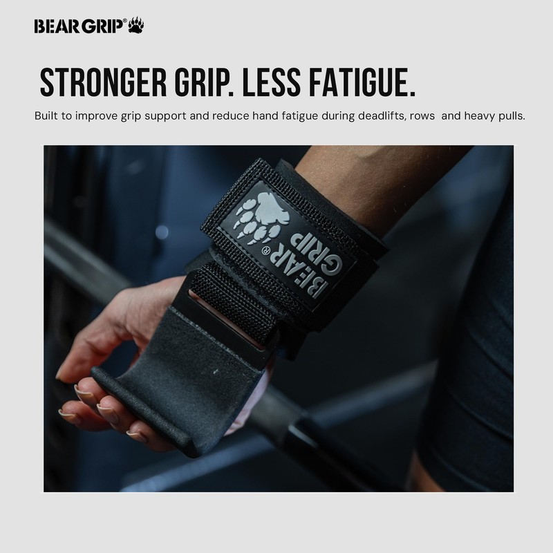 BEAR GRIP Weight Lifting Hooks, Non-Slip Rubberised Grips (Black)