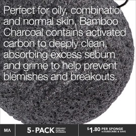 Minamul Konjac Exfoliating Organic Facial Sponge Gentle daily face scrub / skincare infused with best bamboo activated charcoal Safe for Oily, Dry, Combination or Sensitive skin 6 pack set