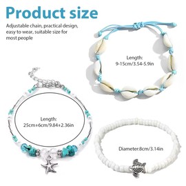 ARHZ Fußkettchen Für Damen 3 Stück Set,Doppeldeck Fussketten Für Frauen,Böhmen,Seestern Meeresschildkröte Perlen Fußkettchen，Strandaccessoires Für Damen Und Mädchen