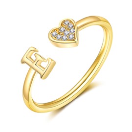 TOLOWOBK Gold Rings for Women Girls Initial Cubic Zirconia Gold Plated Open Heart A-Z Letter Rings Adjustable Dainty Engagement Ring Pinky Valentines Anniversary Birthday Gifts for Women Teens