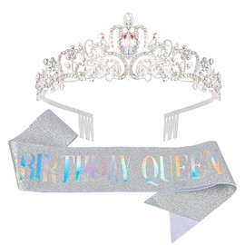 AOPRIE Birthday Queen Sash for Women Birthday Tiara & Crowns for Girls Happy Birthday Accessories Favor Supllies Silver Shrink, 2 Pack