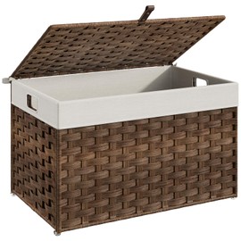 HOOBRO Storage Basket with Lid, 17.2 Gallon (65L) Wicker Basket, Handwoven Blanket Storage Basket with Handles, Metal Frame and Soft Lining, Foldable for Bedroom, Laundry Room, Brown BR265CW01