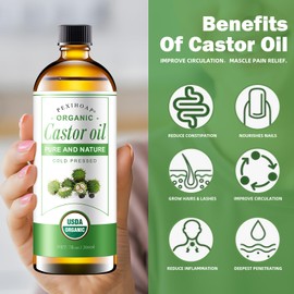 30Pcs Adhesive Castor Oil Patch with 7oz Organic Castor Oil Cold Pressed, Cotton Caster Oil Pack Wrap for Waist Back Neck Arm Belly