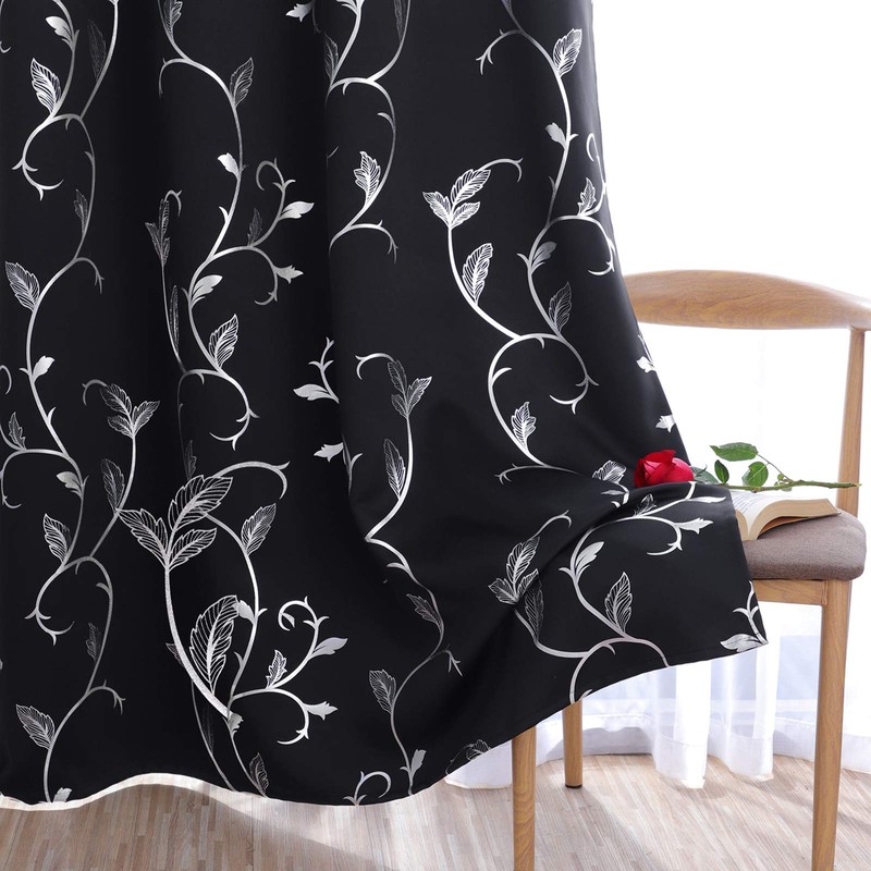 BUHUA Black Blackout Window Curtains Thermal Insulated Silver Vine Print
