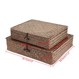 Sumnacon Set of 2 Seagrass Storage Basket Handmade Weave Hamper Shelf Organiser Baskets Chest with Lid Multipurpose Container, Coffee