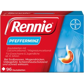 Rennie Peppermint | Heartburn, Bloating and Acid Belching | Works in Minutes | Protects the Mucous membrane | 96 Chewable Tablets