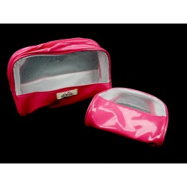 eDiva Set of 2 Vinyl Makeup Pouches, Fuschia Outer Shell w/Sheer Side Panels, Zippered
