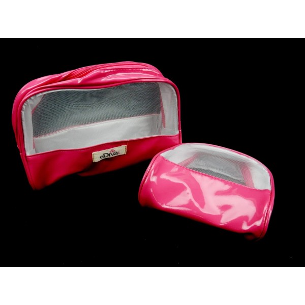eDiva Set of 2 Vinyl Makeup Pouches, Fuschia Outer Shell