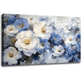 Aurumera Floral Canvas Wall Art for Living Room Hand-Painted White and Indigo Floral Pictures Wall Art Decoration Dining Room Bedroom Bathroom Kitchen Oil Painting For Home Decoration 16x24 in