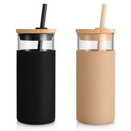 Tronco 20 oz Glass Tumbler with Lid and Straw, Iced Coffee Cup and Smoothie Cup with Bamboo Lids & Protective Silicone Sleeve, Dishwasher Safe, BPA-Free, Glass Cup 2 Pack