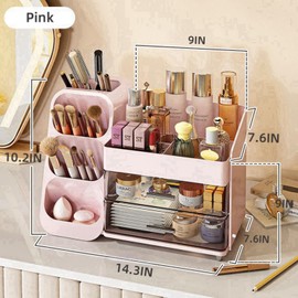 KQJS Makeup Organizer with Drawers,Large Capacity Countertop Organizer for Vanity,Bathroom and Bedroom Desk Cosmetics Organizer,Easy To Storage Skincare,Brushes, Eyeshadow, Lotions, Lipstick (Pink)