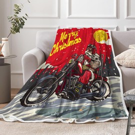 Santa Claus Motorcycle Throw Blanket, Cool Santa Riding A Chopper Flannel Lightweight Blankets for Kids Boys Men, Cozy Soft Throw for Couch Bed Sofa Living Room 50X60IN