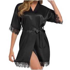 Giova Women's Lace Trim Kimono Robe Bride Bridesmaids Wedding Shower Satin Short Robe Bridal Party Nightgown Black Large