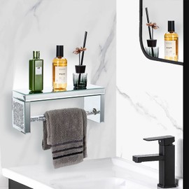 TACIDON Glass Mirrored Wall Shelf. Wall Mounted for Over Toilet. Glamorous Crystal Diamond Glass Towel Bar. Decorative Storage Glass Shelf for Bathroom, Kitchen or Bedroom.(Silver)