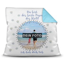 PR Print Royal Cushion with Your Own Picture and Name for Dad – Blue/Photo Collage as a Gift Idea/Decorative Cushion/Decorative Cushion/Back Light Blue with Filling