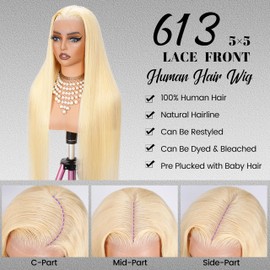 613 5x5 Lace Front Wig Human Hair Pre Plucked 250 Density 22 Inch Straight Blonde Wig Human Hair 100% Human Hair Blonde Lace Front Wigs, No Synthetic Blend No Tangle No Shedding Triple Lifespan 3X